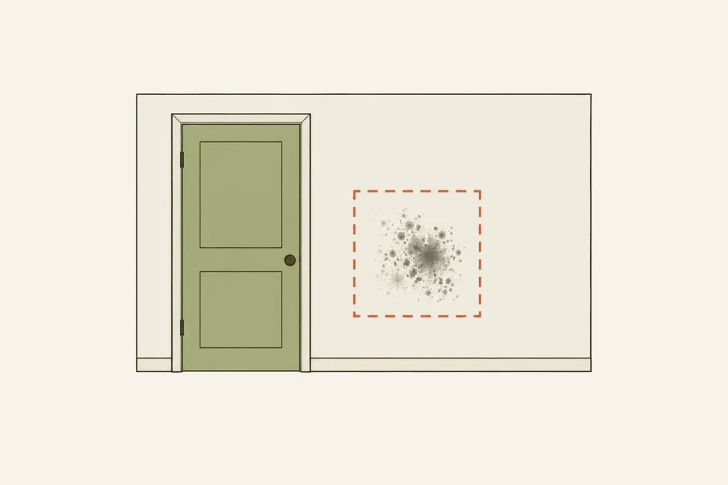 Wall with a small mold patch inside a dashed square about as wide as the door next to it