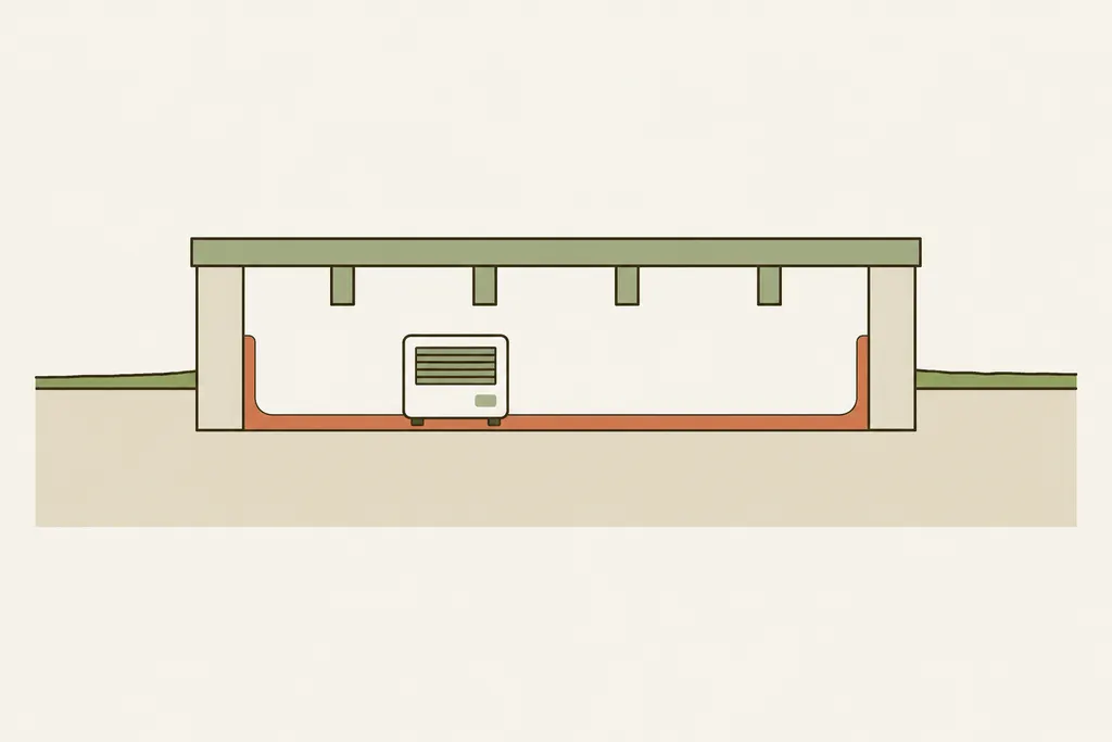 Crawl space with a plastic vapor barrier over the soil and a dehumidifier under clean joists