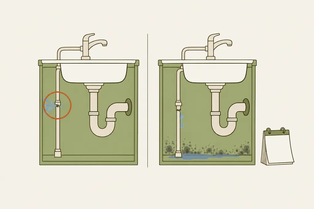 Side-by-side drawing of a suddenly burst pipe under a sink and a slow leak that caused mold over time
