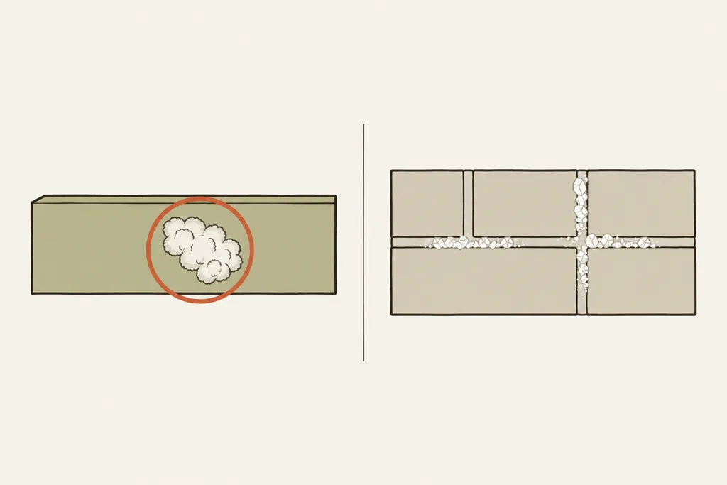 Side-by-side drawing of fuzzy white mold on a wooden joist and chalky white mineral deposits on a concrete block wall